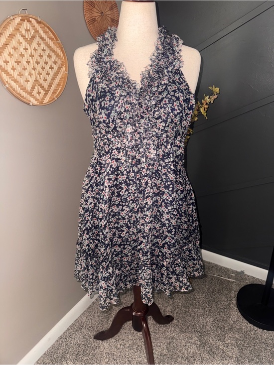 MM Couture Dresses & Skirts - MM Couture Navy Floral Ruffle Halter Mini Dress 100%silk smocked cottagecore